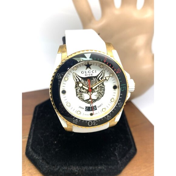GUCCI Men's Watch YA136322 Dive Cat Swiss Quartz Gold White Rubber Strap 40mm - Picture 12 of 13